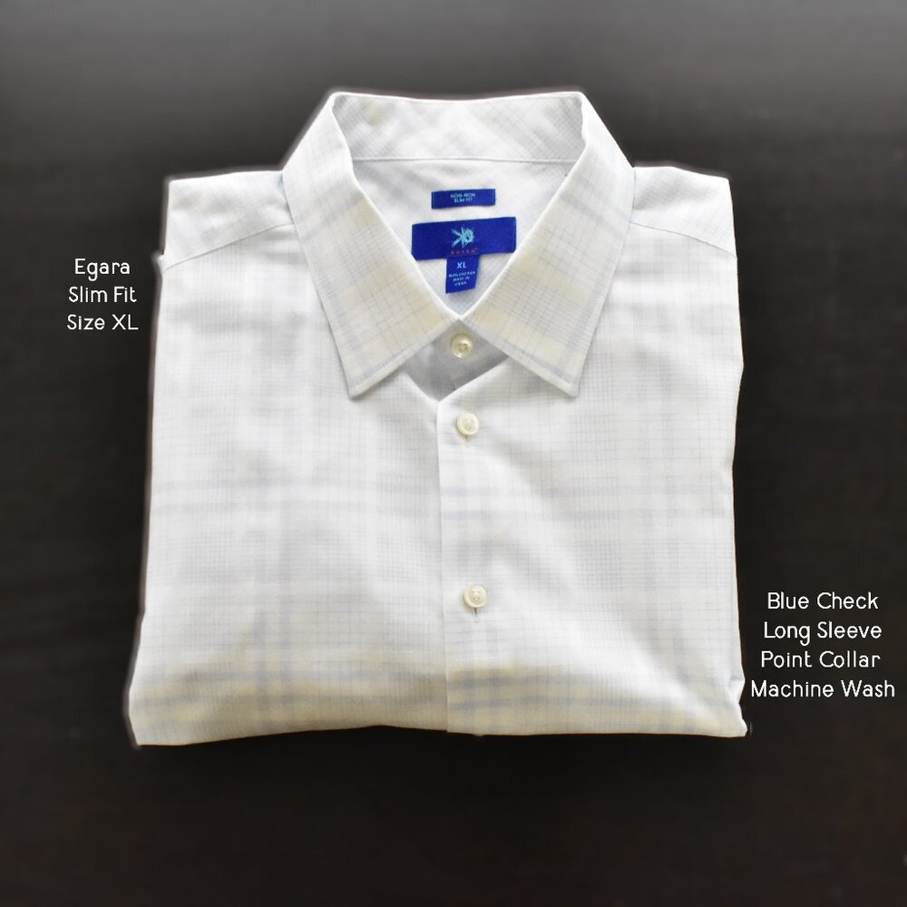 EGARA Dress Shirt XL Point Collar Slim Fit Long Sleeve Blue Check Thick Buttons
